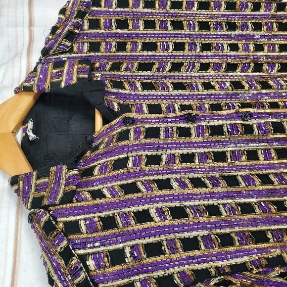 Vintage 80s Silk Beaded Sparkly Black Purple Button Down Blouse Size Medium - Picture 2 of 11